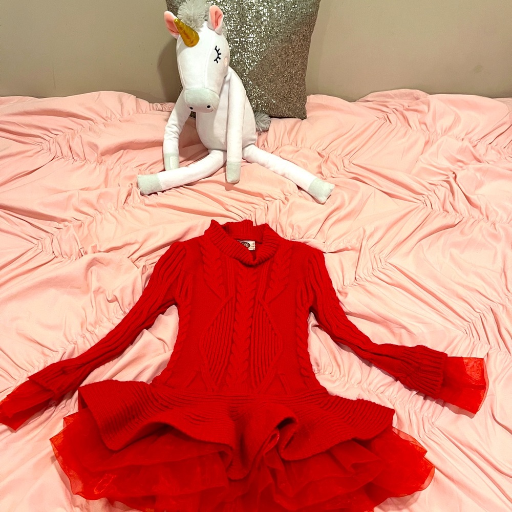 Red sweater dress with tulle lined skirt